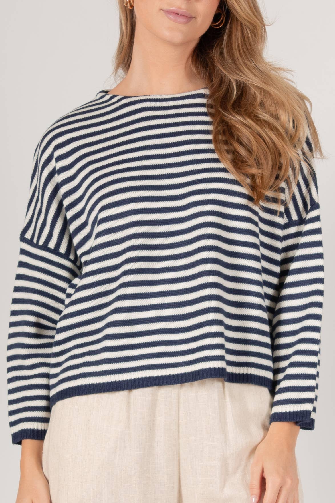 Boxy Cut Mariner Sweater in Navy Stripe
