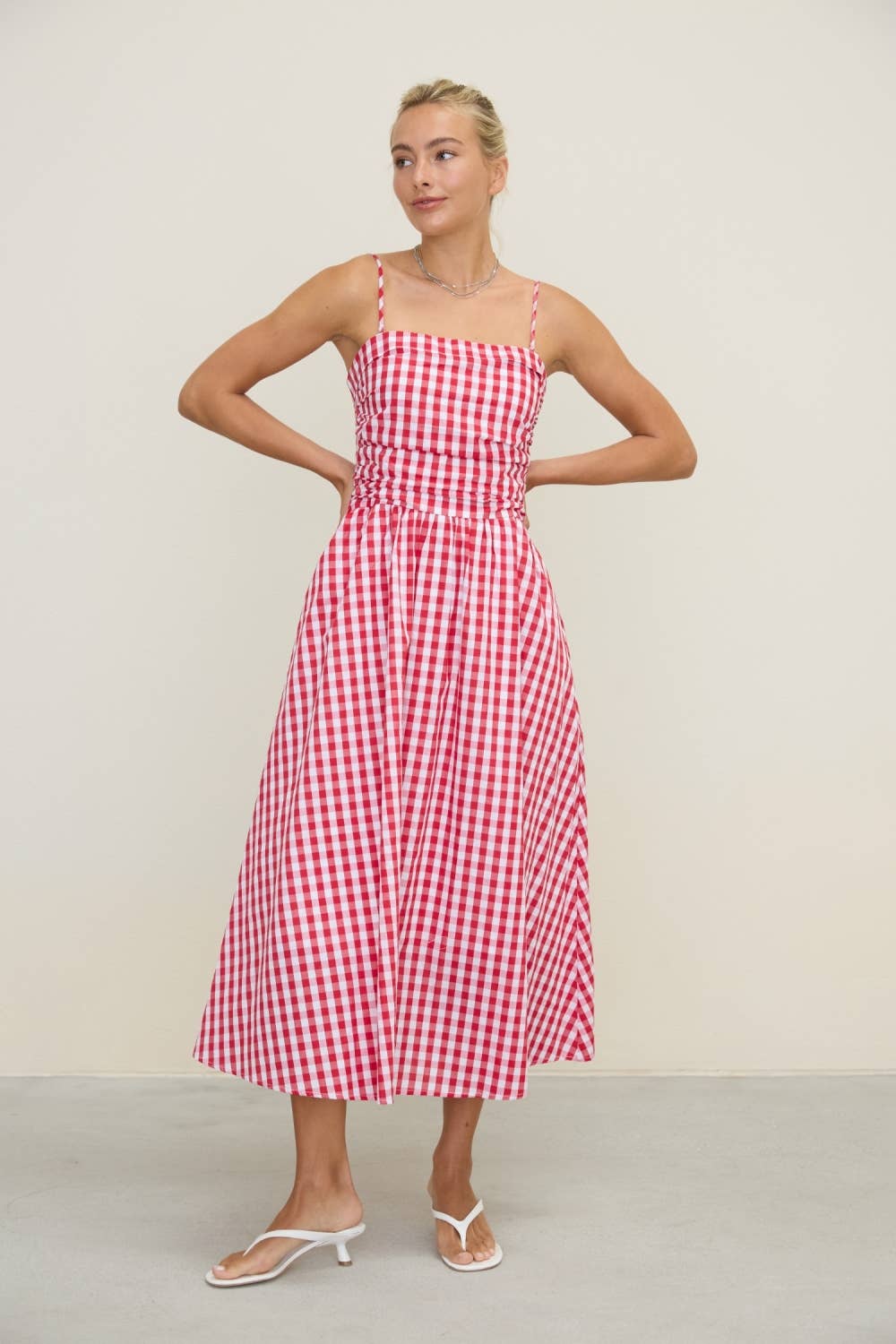 Red Gingham Spaghetti Strap Midi Dress
