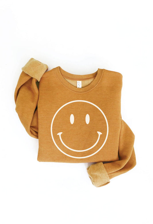 Smiley Face Puff Print Graphic Sweatshirt in Heather Mustard