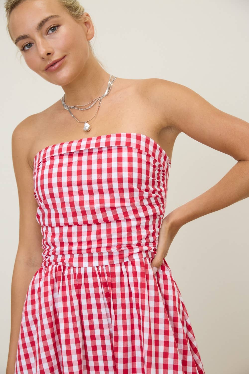 Red Gingham Spaghetti Strap Midi Dress