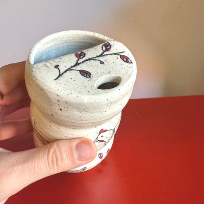 Hand-Thrown Ceramic Travel Mug with Sweet Chicken Motif - Made in Stoughton!