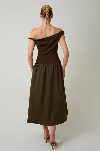 Twist Detail Boatneck Mixed Media Dress in Deep Olive