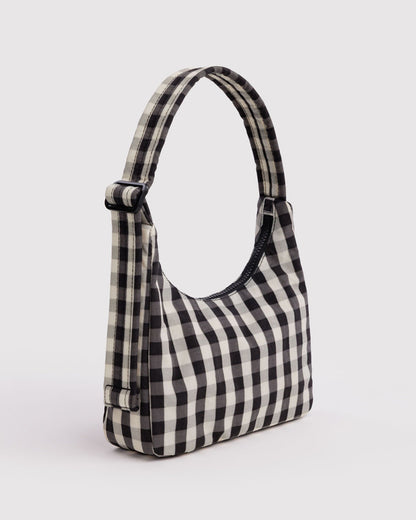 BAGGU Mini Nylon Shoulder Bag in Black and Cream Gingham