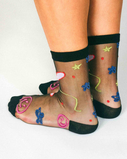 Happy Doodles Sheer Ankle Sock by Hannah Packer (Women's Sizing)