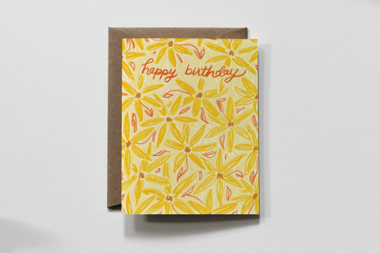 Yellow and Orange Floral Happy Birthday Greeting Card