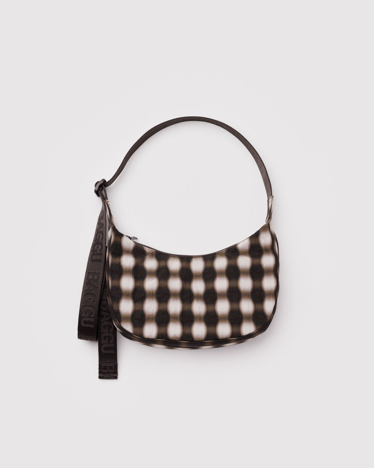 BAGGU Small Nylon Crescent Bag in Blurred Gingham Brown