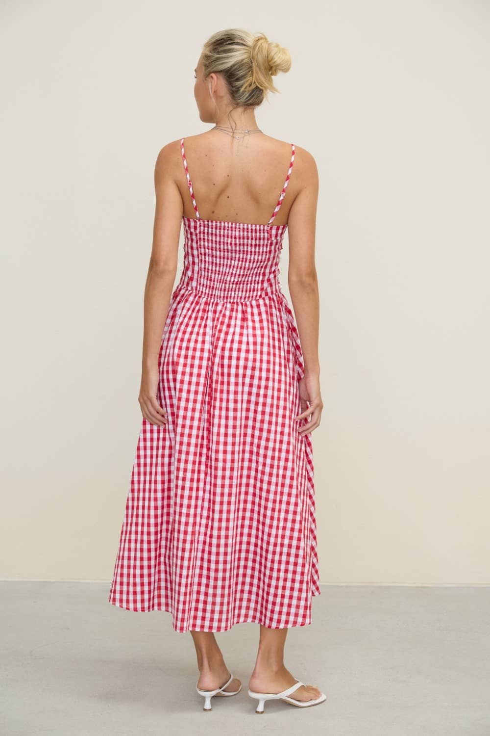 Red Gingham Spaghetti Strap Midi Dress