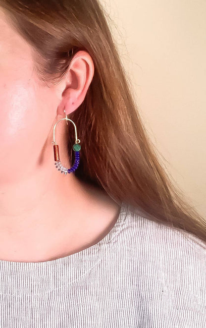 Balance Earrings - Cobalt, Sapphire, & Mocha Czech Glass and Malachite