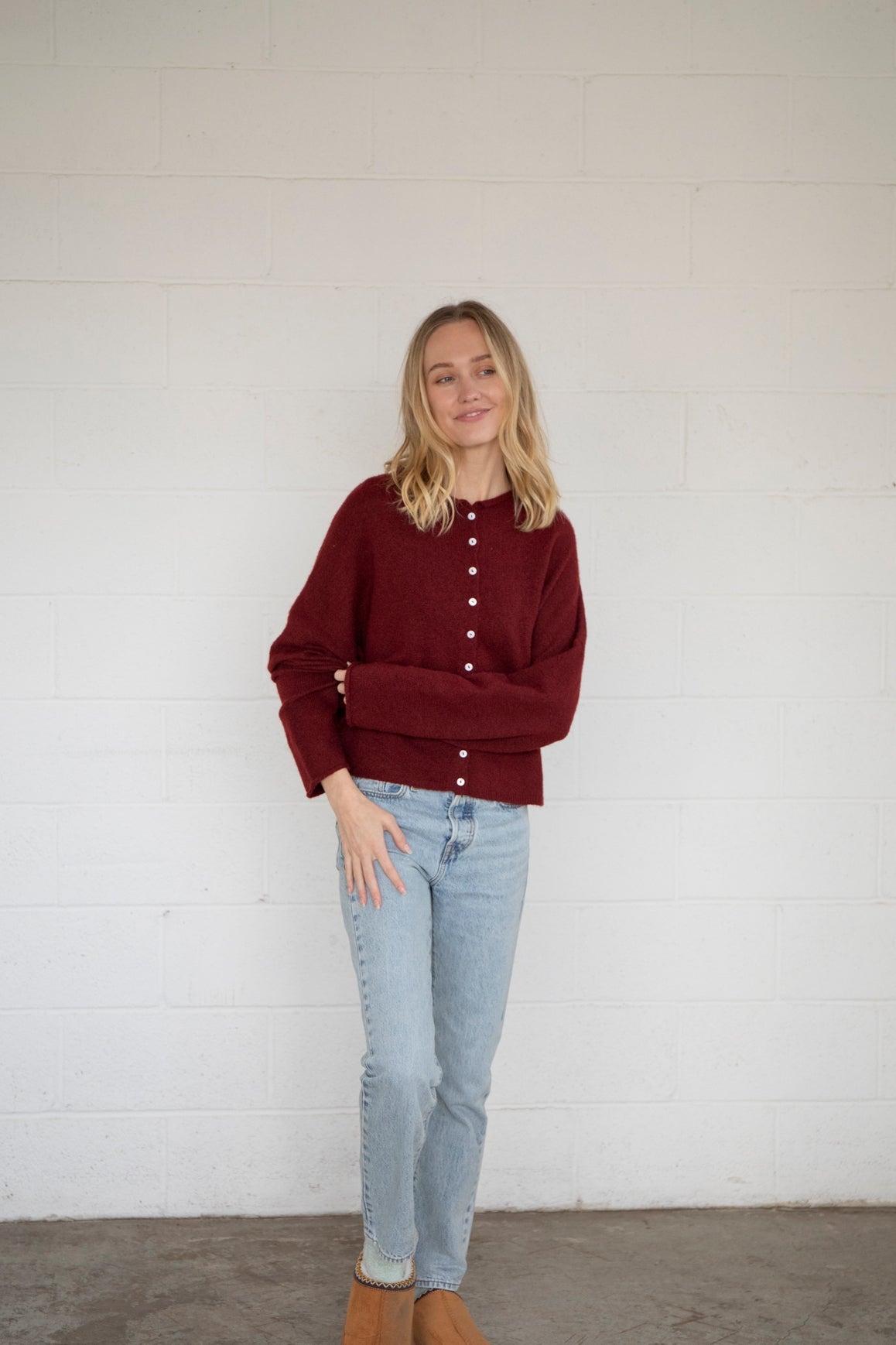 Lightweight Cozy Piper Cardigan by Things Between - Wine / Burgundy Red