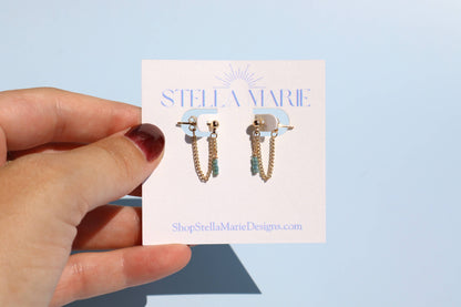 14k Gold Fill Blue Beaded Chain Stud Earrings