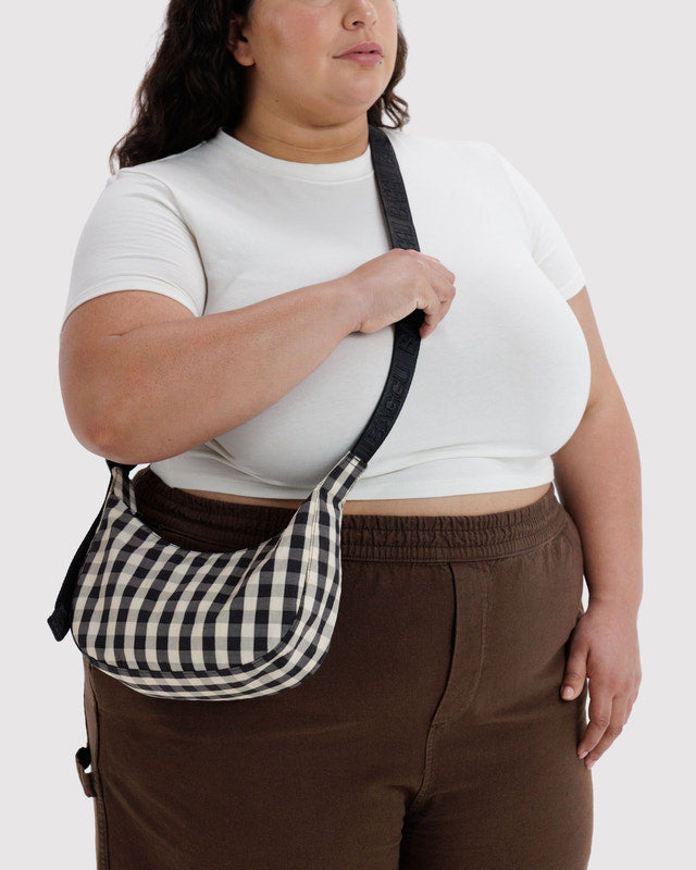 BAGGU Small Nylon Crescent Bag in Black and Cream Gingham