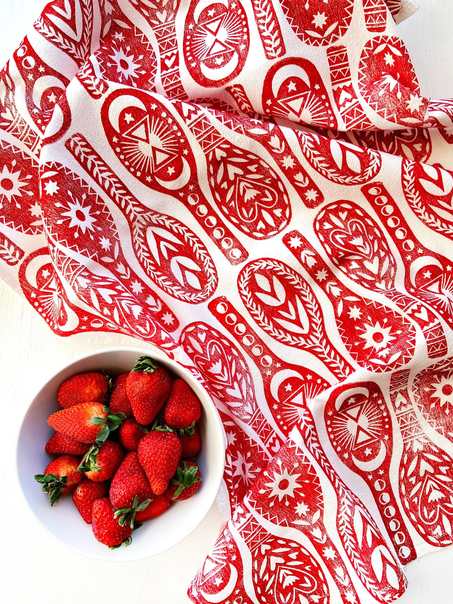 "Folk Art Spoons" Hand Block Printed Tea Towel