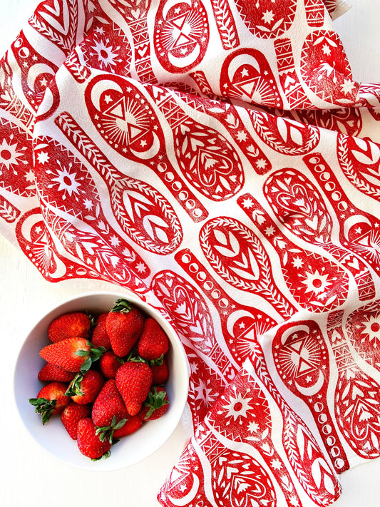 "Folk Art Spoons" Hand Block Printed Tea Towel