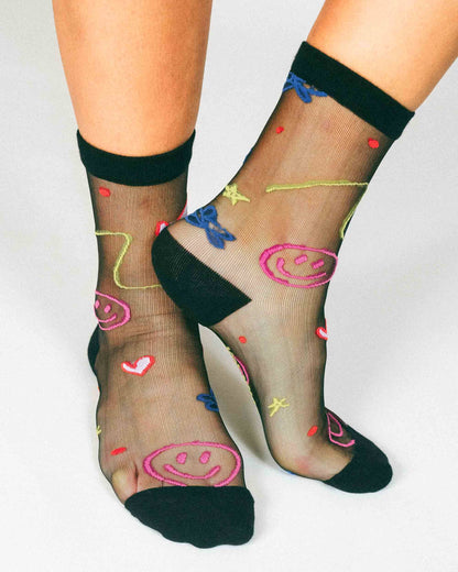 Happy Doodles Sheer Ankle Sock by Hannah Packer (Women's Sizing)
