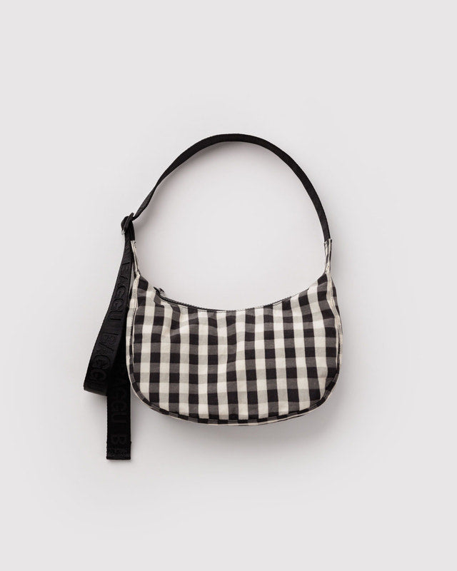 BAGGU Small Nylon Crescent Bag in Black and Cream Gingham