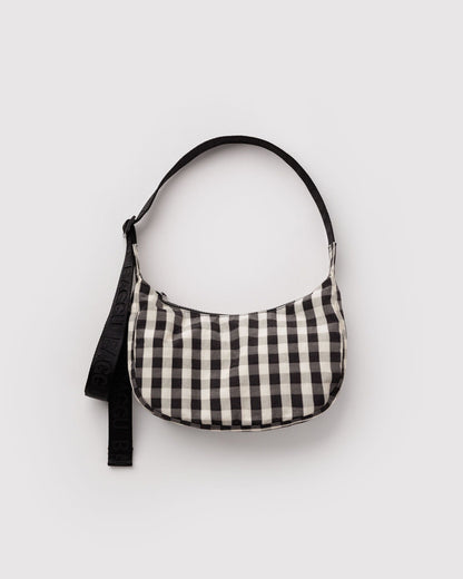 BAGGU Small Nylon Crescent Bag in Black and Cream Gingham