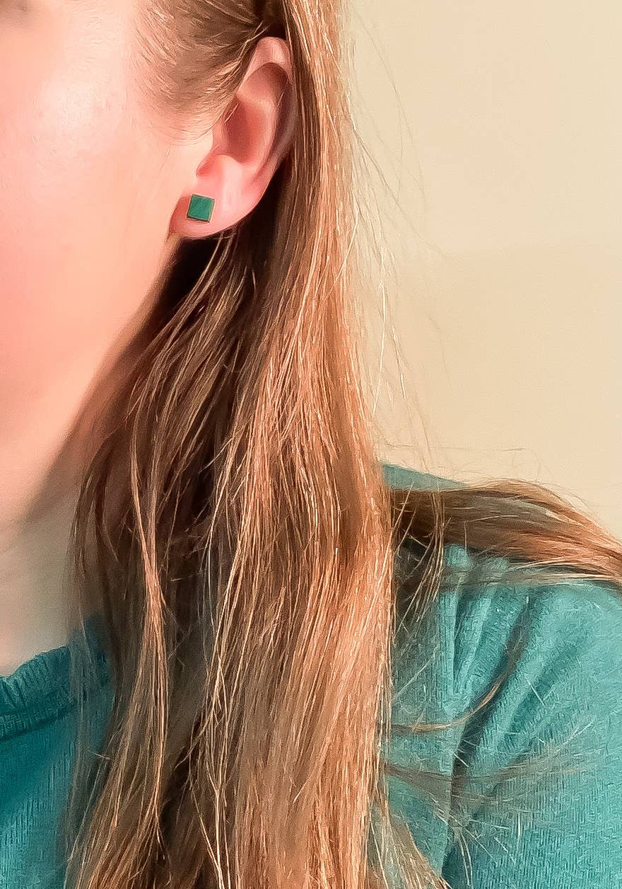 Square Studs in Green Malachite & Brass