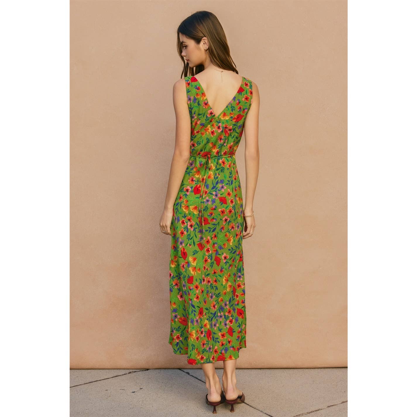 "Wildflower Rush" Grass Green Bias Cut Midi Dress