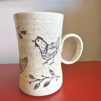 Hand-Thrown Ceramic Handle Mug with Sweet Chicken Motif - Made in Stoughton!