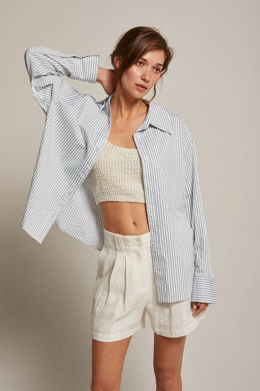 Oversized Striped Button-Down Shirt - Mist