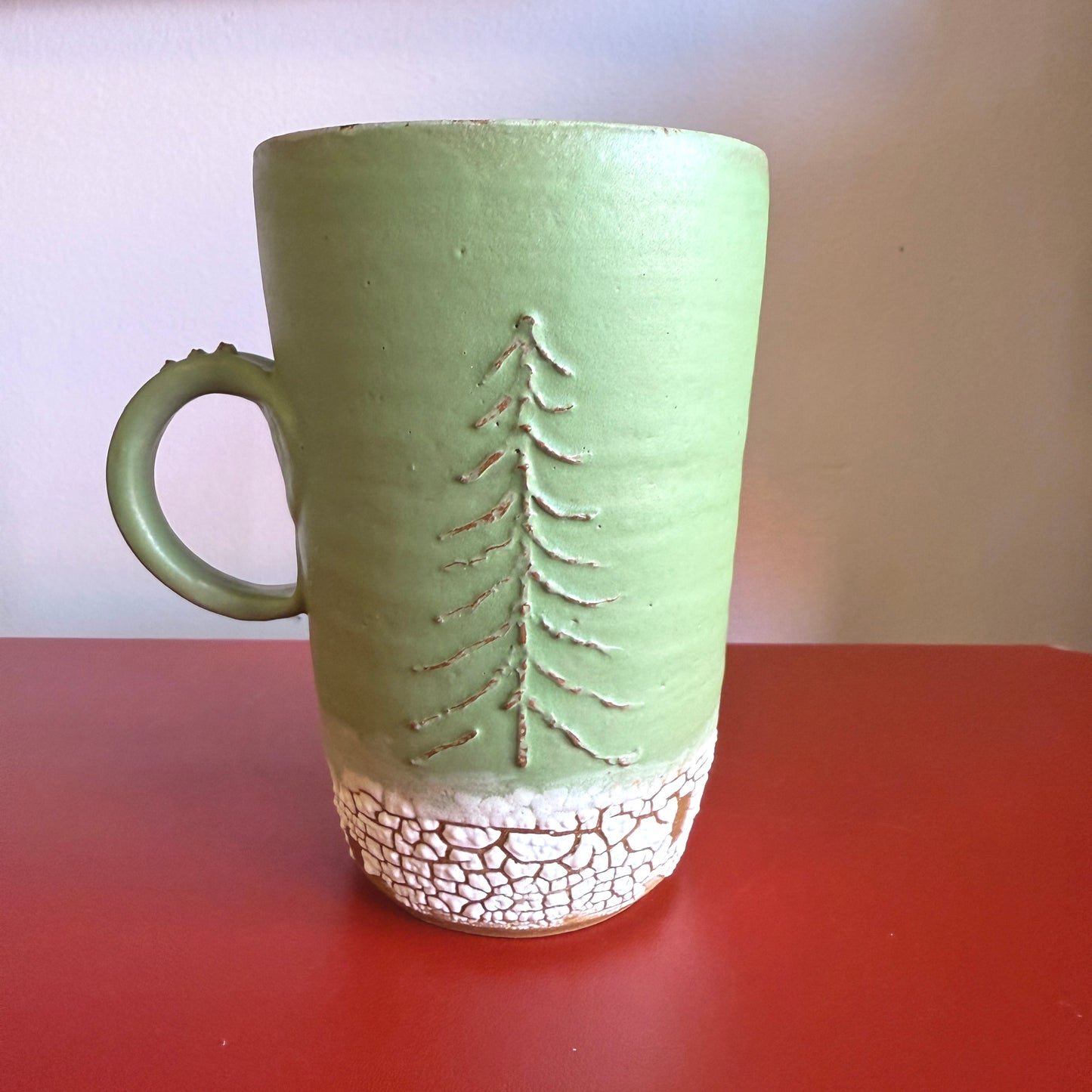 Hand-Thrown Ceramic Mug with Embossed Evergreen Tree - Made in Stoughton!