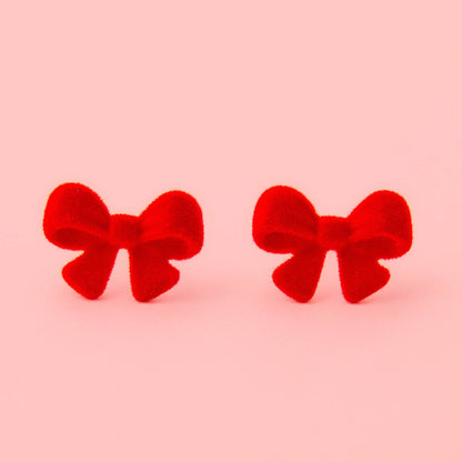 Flocked Bow Earring - Cherry Red