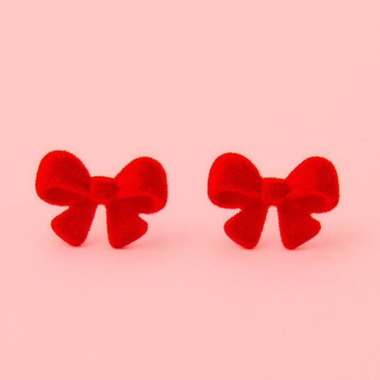 Flocked Bow Earring - Cherry Red