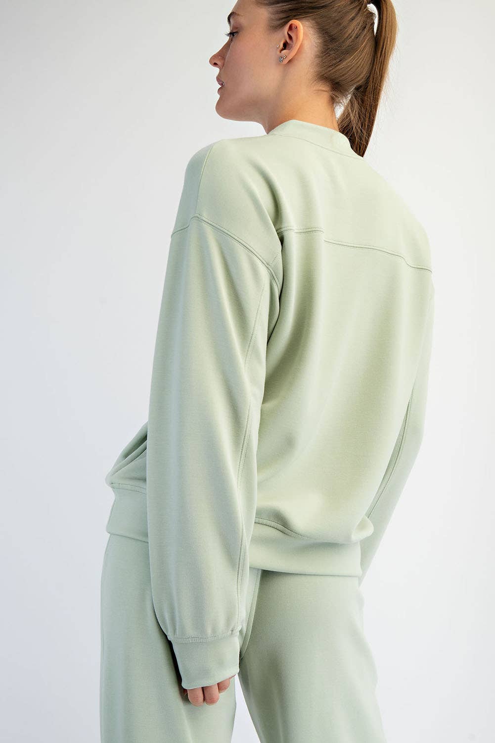Modal Scuba Mock Neck Pullover in Smoky Navy and Pistachio Cream
