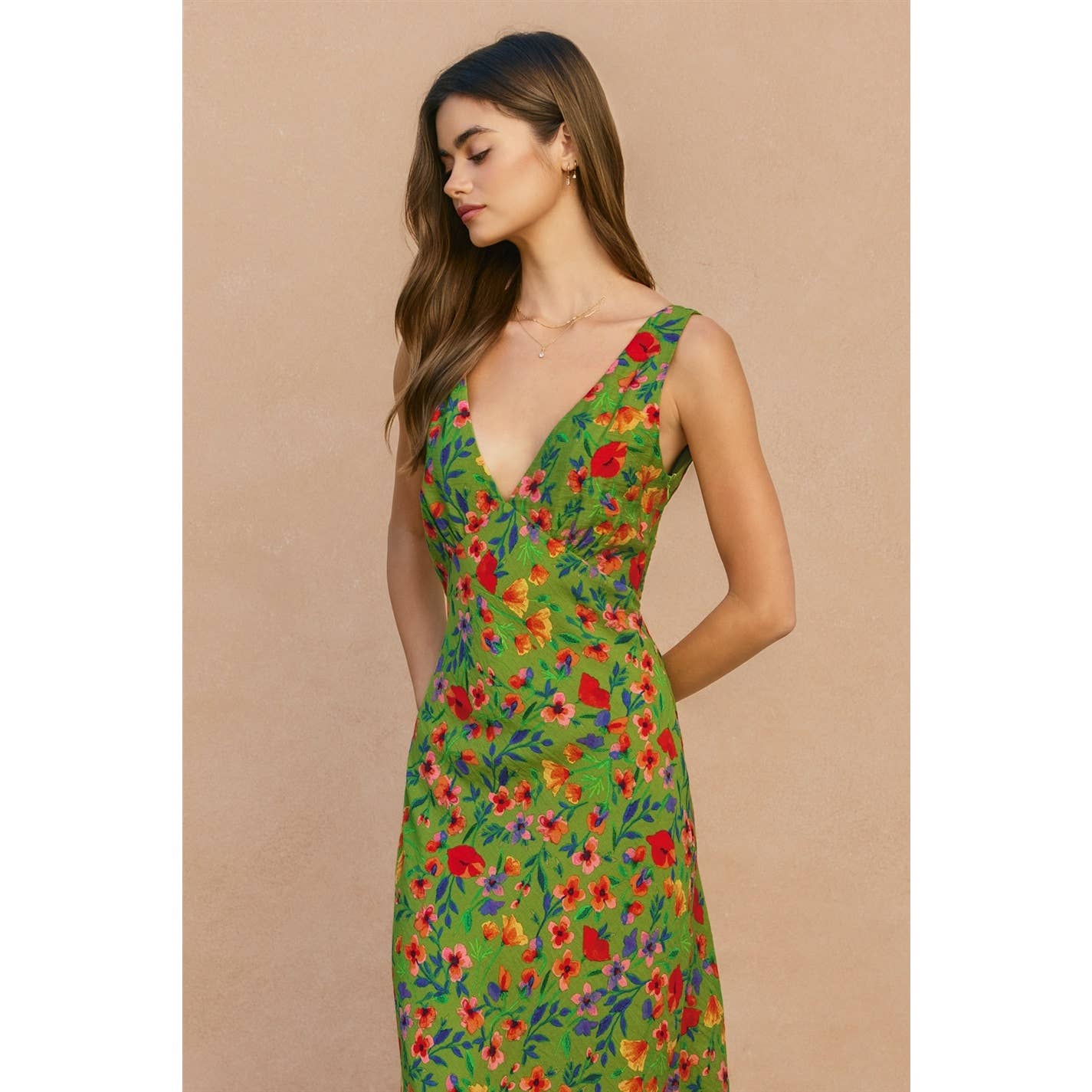 "Wildflower Rush" Grass Green Bias Cut Midi Dress