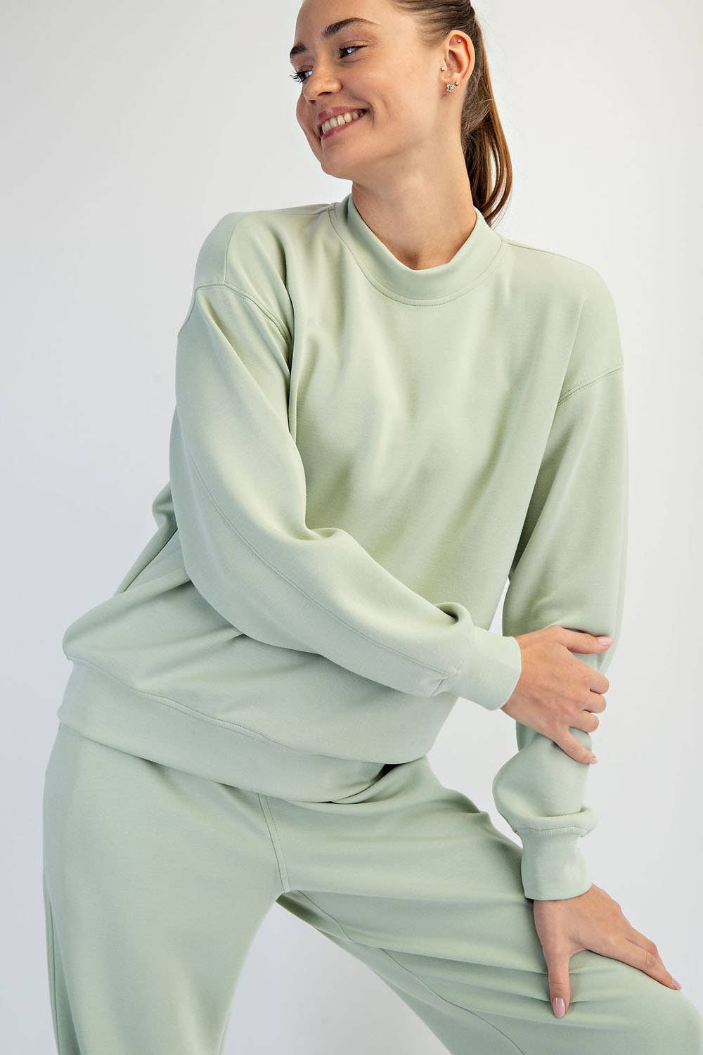 Modal Scuba Mock Neck Pullover in Smoky Navy and Pistachio Cream