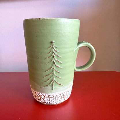 Hand-Thrown Ceramic Mug with Embossed Evergreen Tree - Made in Stoughton!