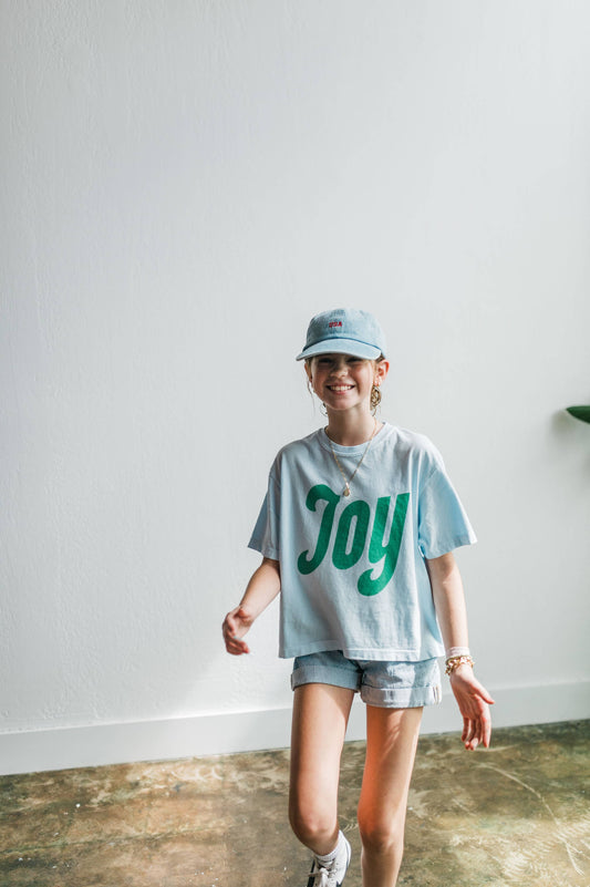"Joy" Chambray and Seafoam Boxy Crop Tee