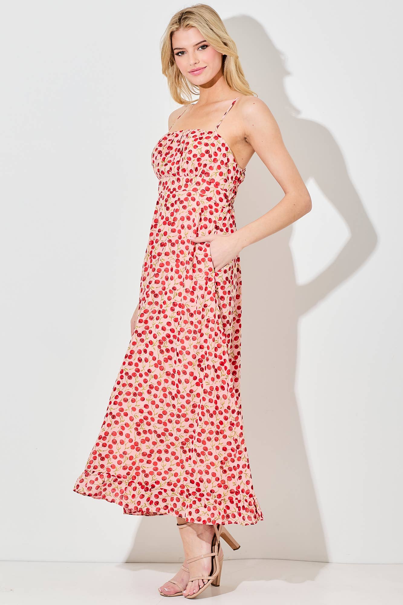 "Cherry On Top" Print Ruched Bust Midi Dress
