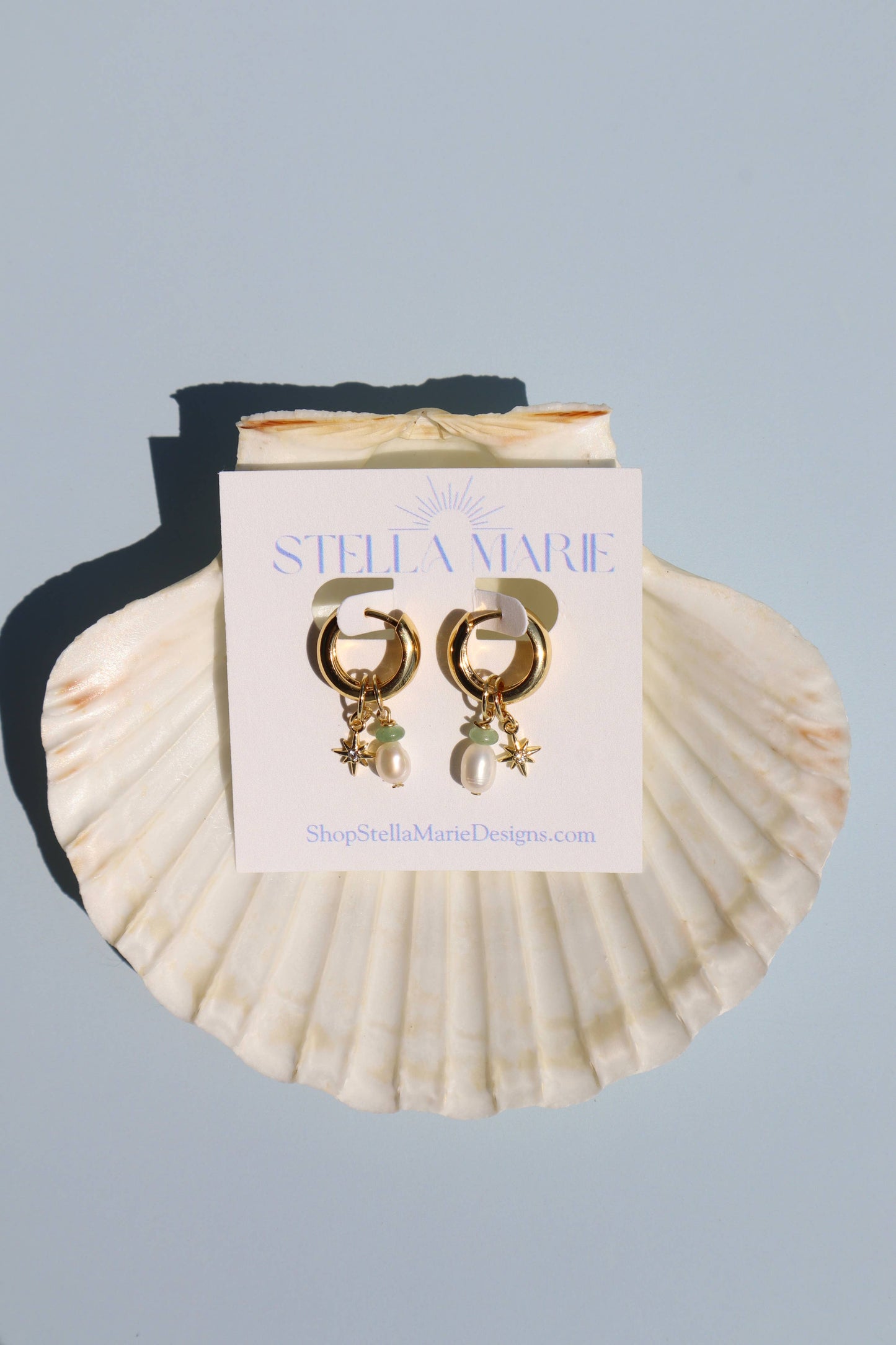 18k Gold Fill Charm Chunky Hoop Earrings - Green Aventurine and Pearl