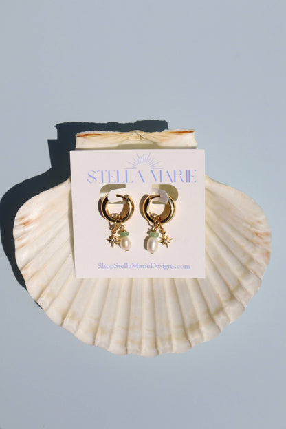 18k Gold Fill Charm Chunky Hoop Earrings - Green Aventurine and Pearl