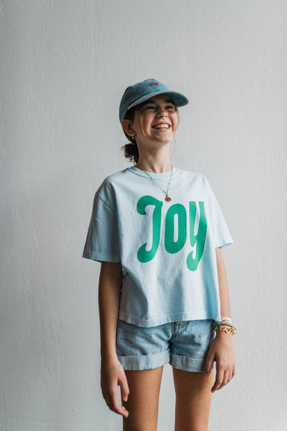 "Joy" Chambray and Seafoam Boxy Crop Tee