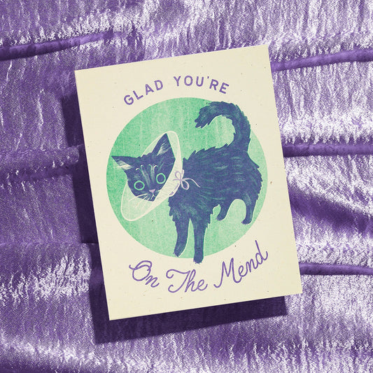 "Glad You're On The Mend" Cat Risograph Get Well Card