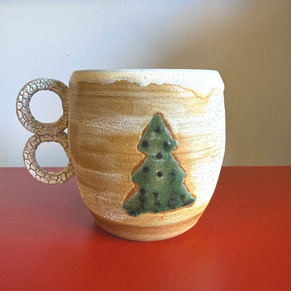 Hand-Thrown Ceramic Mug with Double Handle and Evergreen Tree - Made in Stoughton!