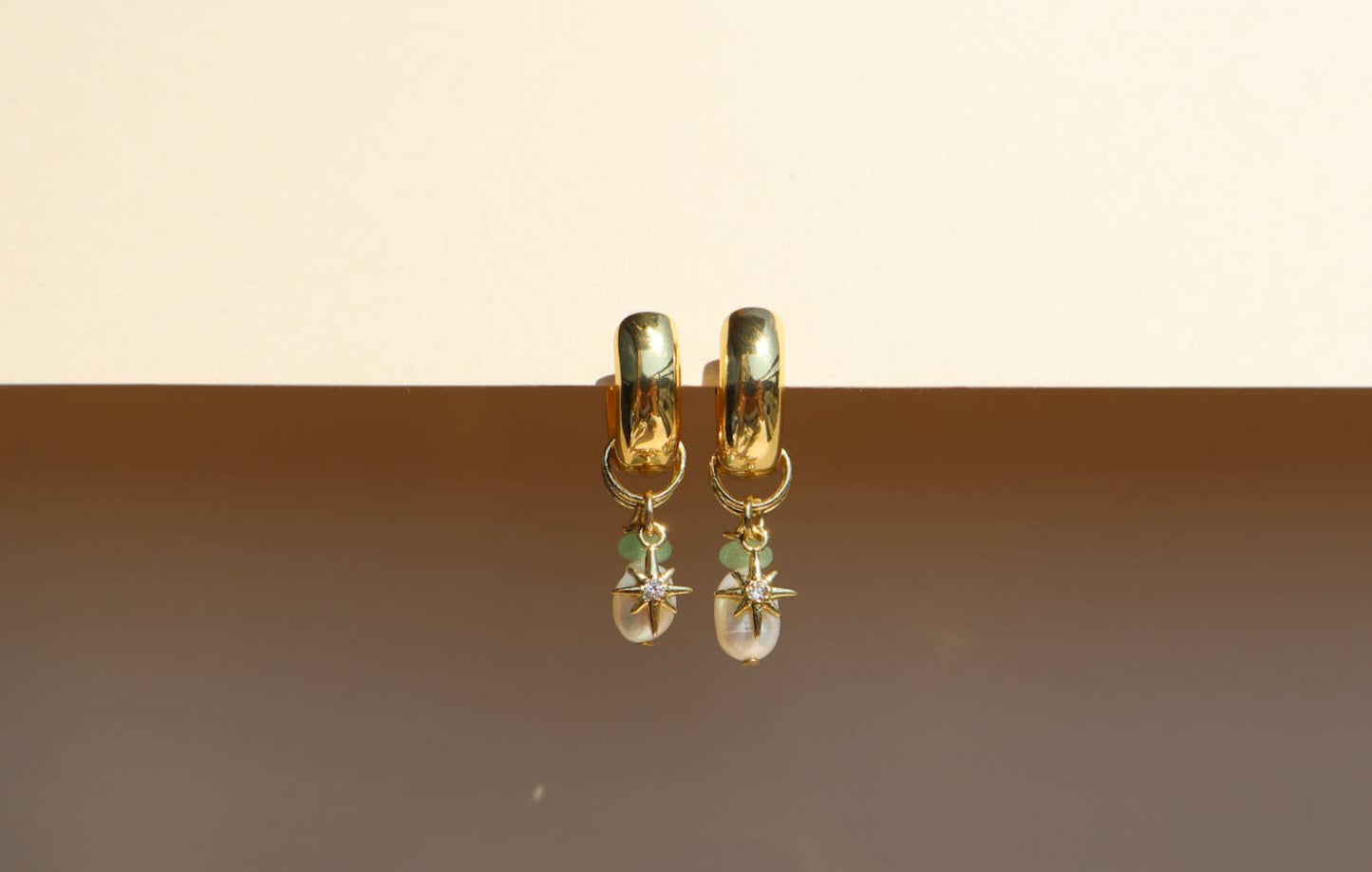 18k Gold Fill Charm Chunky Hoop Earrings - Green Aventurine and Pearl