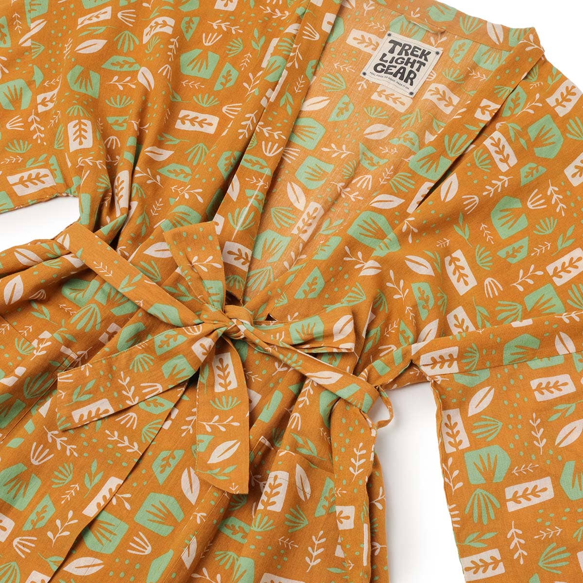 Handwoven Cotton Kimono-Style Robe - Agave Print on Mustard