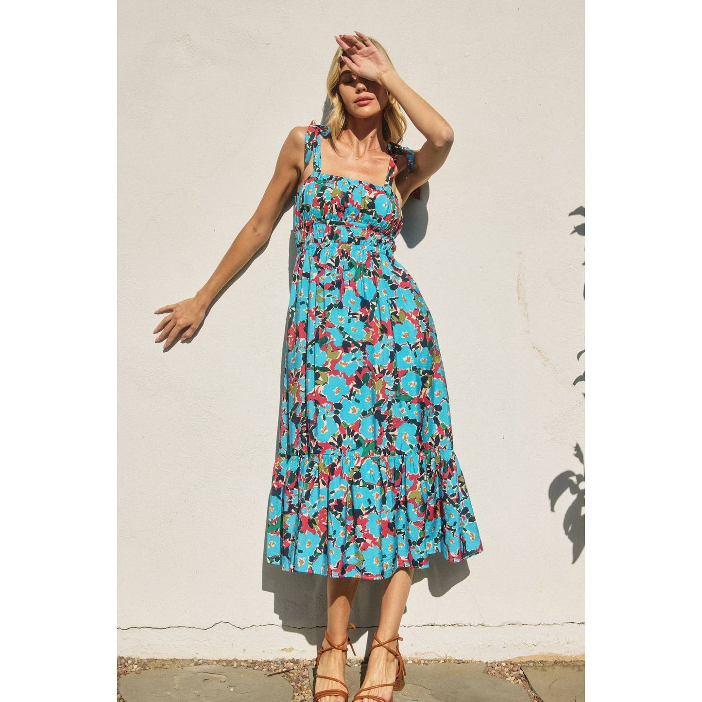 "To The Sky" Retro Floral Shirred Fit And Flare Midi Dress