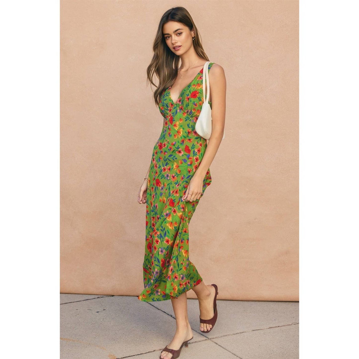 "Wildflower Rush" Grass Green Bias Cut Midi Dress
