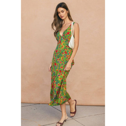 "Wildflower Rush" Grass Green Bias Cut Midi Dress