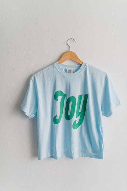 "Joy" Chambray and Seafoam Boxy Crop Tee