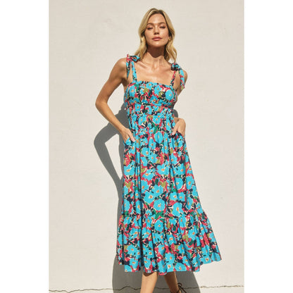 "To The Sky" Retro Floral Shirred Fit And Flare Midi Dress