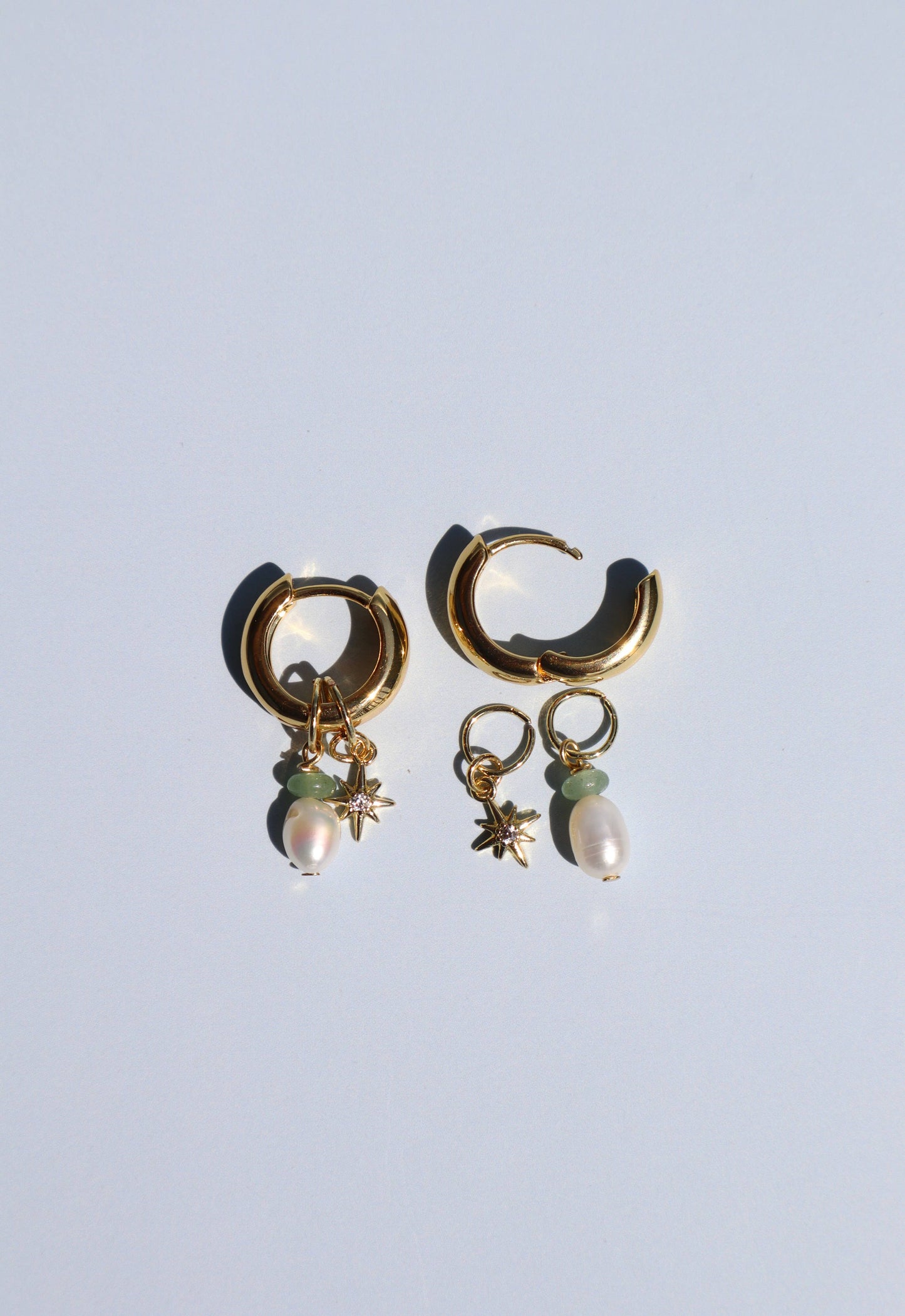 18k Gold Fill Charm Chunky Hoop Earrings - Green Aventurine and Pearl
