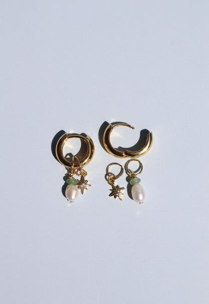 18k Gold Fill Charm Chunky Hoop Earrings - Green Aventurine and Pearl