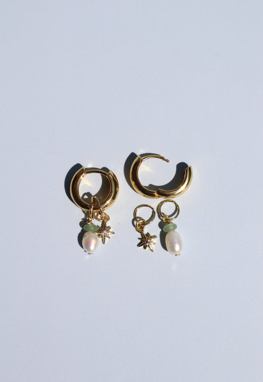 18k Gold Fill Charm Chunky Hoop Earrings - Green Aventurine and Pearl
