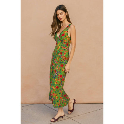 "Wildflower Rush" Grass Green Bias Cut Midi Dress