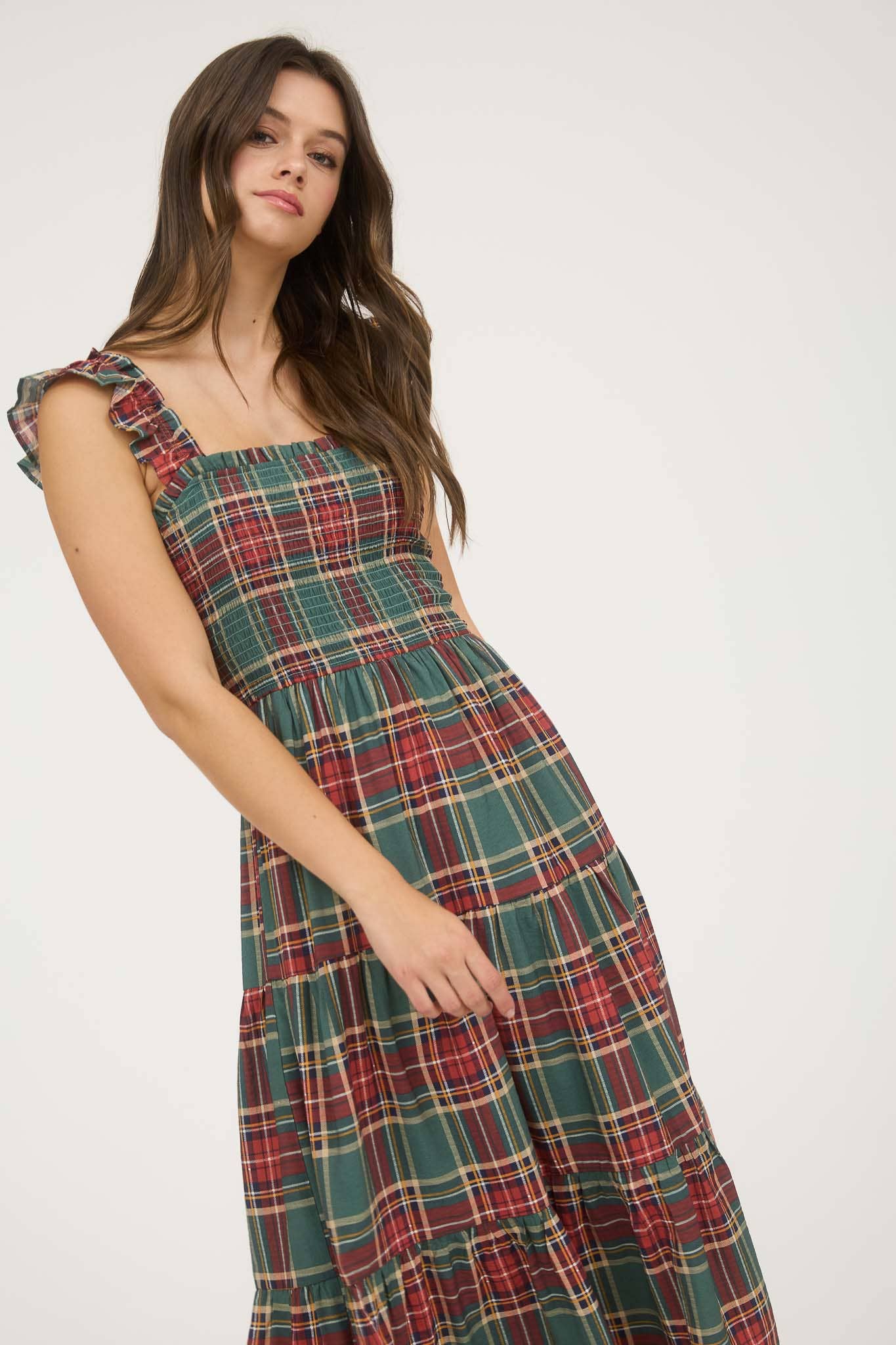 Plaid Smocked Bodice Tiered Midi Dress -- 2 Colorways